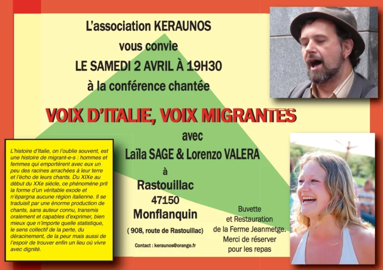 Conférence chantée « Voix d&rsquo;Italie, voix migrante » à Rastouillac !